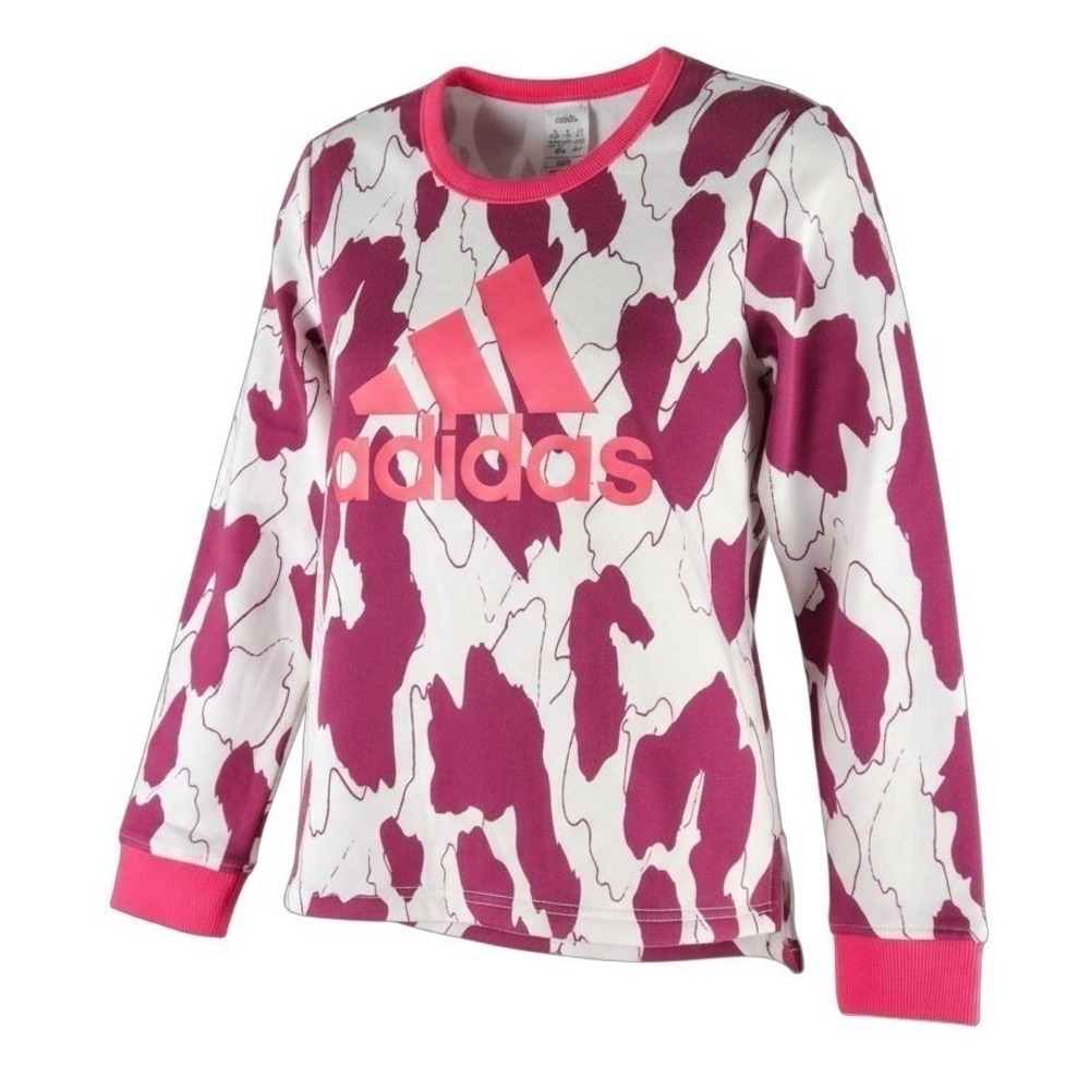 Adidas Sweatshirt XS Maroon White Pink All Over Cow Print Logo Fleece Sporty